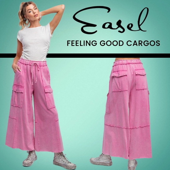 EASEL “Feeling Good Cargos” Mineral Washed Flared Leg, Raw Seams & Hems, Pockets - Picture 1 of 16